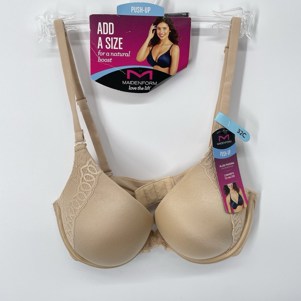 NWT Maidenform Love The Lift Bra‎ 32C Nude Push Up Add A Size Converts To Halter